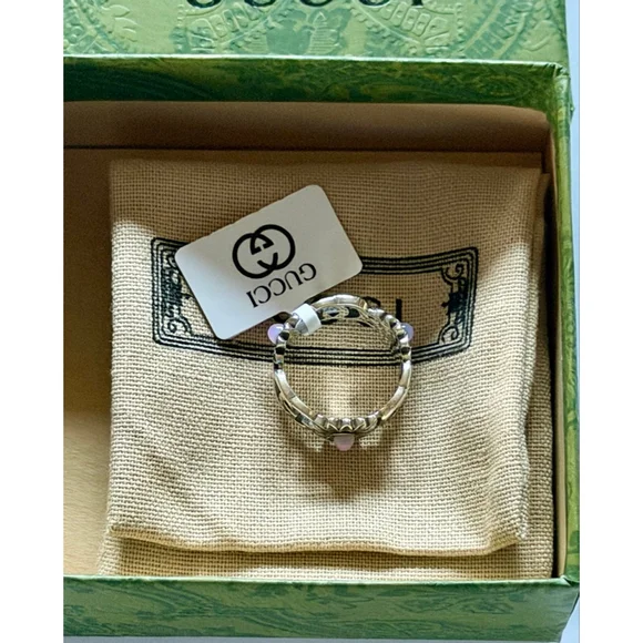Gucci Silver Ring with Pink Stones G Logo Size 6